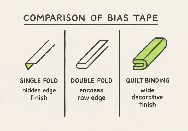 Comparison of bias tape: single fold for hidden edges, double fold for raw edges, and quilt binding for a wide decorative finish.