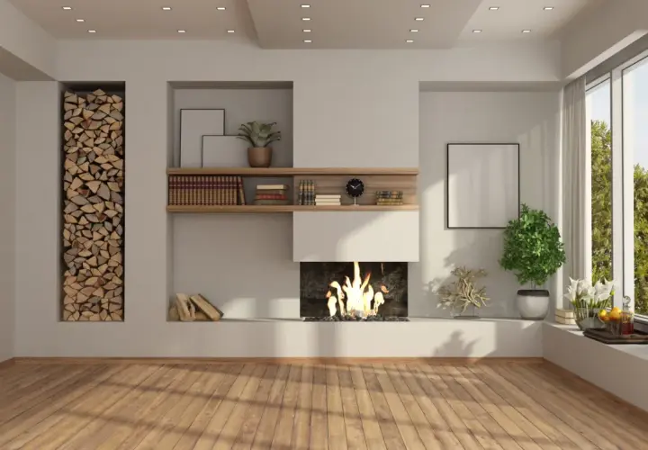 Un moderno camino con libreria in cartongesso, con legna da ardere e decorazioni, crea un angolo accogliente.