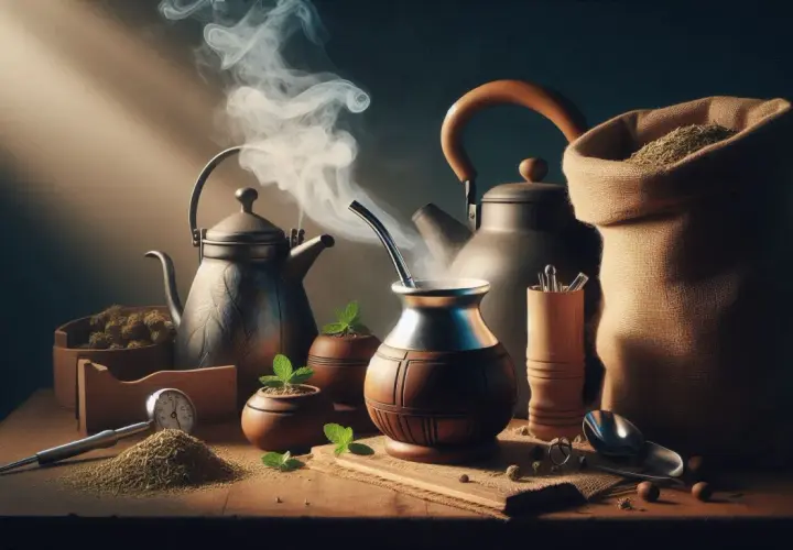 Para yerba mate, idealna temperatura wody to klucz do smaku. Dymiące czajniki i termometr sugerują idealny moment.