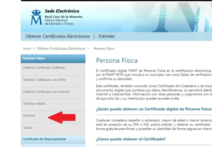 Menú lateral con opciones para certificados digitales. La opción "Renovar" está resaltada. Averigua cuanto dura el certificado digital.