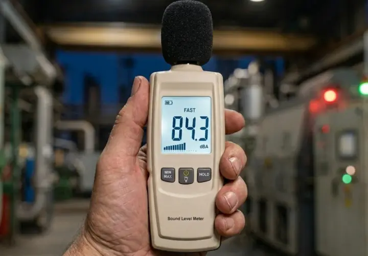 Medidor de sonido muestra 84.3 dBA, ilustrando la diferencia entre dB y dBA en la medición del ruido industrial.