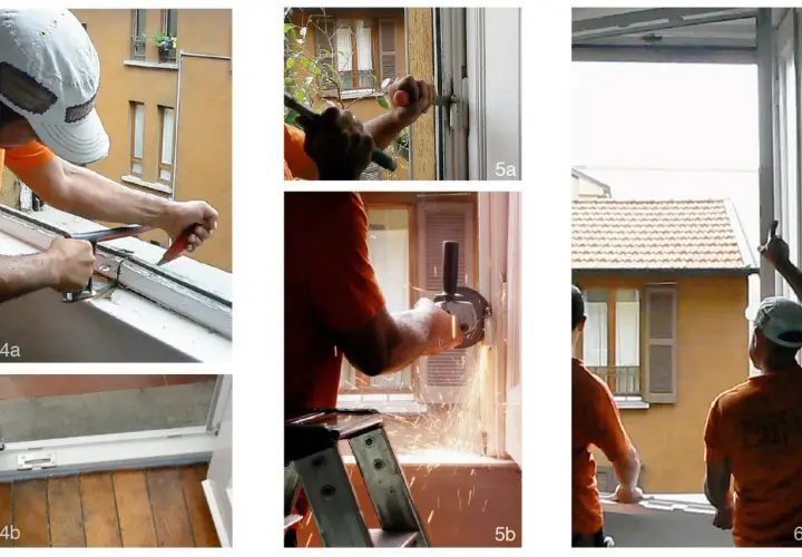 Lavoratori impegnati nel cambio finestre: rimozione vecchi telai con attrezzi e smerigliatrice, installazione nuove finestre.