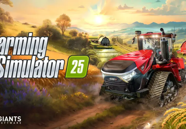 Czerwony traktor pędzi przez pole w grze Farming Simulator 25 PS4. Słońce zachodzi nad malowniczym krajobrazem.