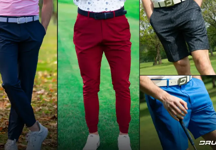 Mężczyzna w czerwonych spodenkach męskich na polu golfowym. Obok prezentowane są też granatowe spodnie i niebieskie szorty.