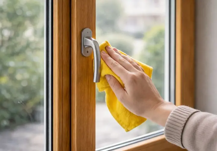 Mano pulisce infisso in legno con panno giallo. Un gesto semplice per rinnovare infissi in legno fai da te e far brillare la tua casa.