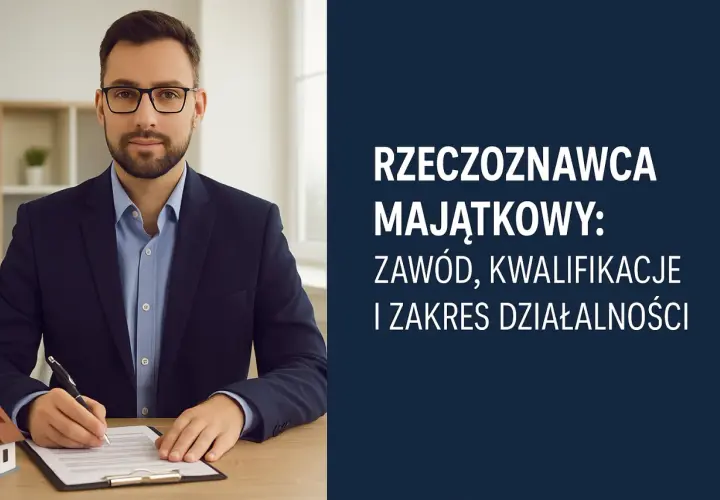 Mężczyzna w garniturze pisze na dokumencie, przygotowując się do egzaminu na rzeczoznawcę majątkowego. Obok stoi model domu.