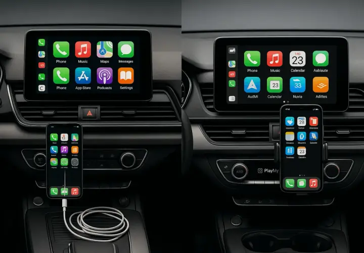 Jak połączyć telefon z samochodem? Widok deski rozdzielczej z ekranem Apple CarPlay i podłączonym iPhonem.