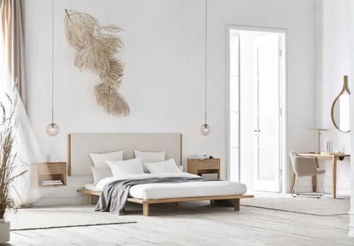 Minimalistisches Schlafzimmer mit einem Bett, Nachttischen und einem Schreibtisch. Die Wand hinterm Bett gestalten Ideen: ein Trockenblumen-Arrangement sorgt für natürliche Akzente.