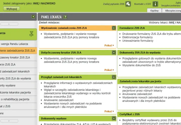 Panel lekarza ZUS: wystawianie zaświadczeń ZUS ZLA, formularze, przegląd zwolnień lekarskich, dokumenty do wysłania. Możliwość wystawienia zwolnienia lekarskiego wstecz.