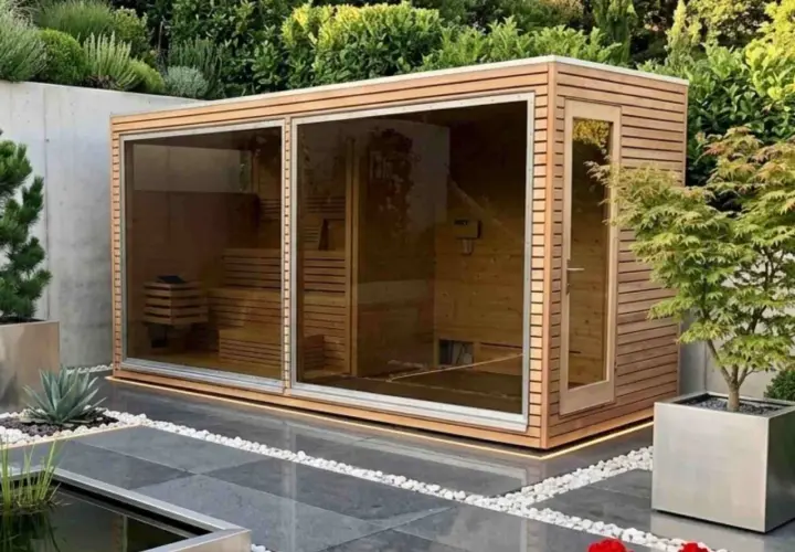 Moderne Gartensauna mit Glasfront, die zum Entspannen einlädt. Ein Traum, wenn man eine Sauna bauen möchte.