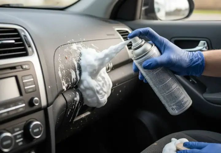 Mano con guanto blu spruzza schiuma da barba per pulire sedili auto e cruscotto.