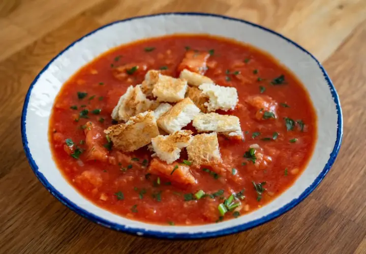 Pappa al pomodoro, gęsta zupa pomidorowa z grzankami, posypana natką pietruszki, w białej misce z niebieskim rantem.