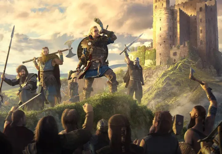 Wikingowie z Assassin's Creed Valhalla na tle zamku, gotowi do walki.