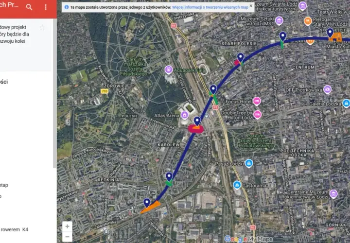 Mapa z zaznaczonym przebiegiem tunelu KDP w Łodzi, z widocznymi komorami startowymi i obszarami utrudnień. To ważne end oznaczenie na mapie.