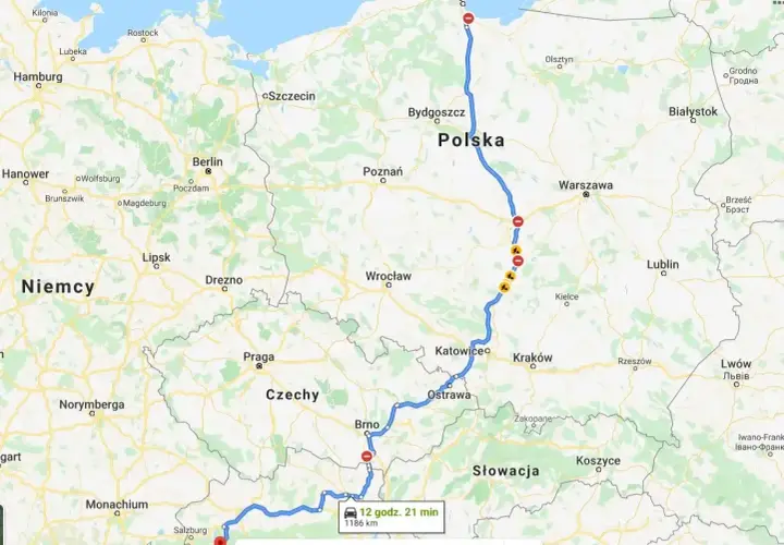 Trasa wycieczki objazdowej Włochy 10 dni: z Gdyni przez Polskę, Czechy, Słowację do Hallstatt w Austrii. 1186 km.
