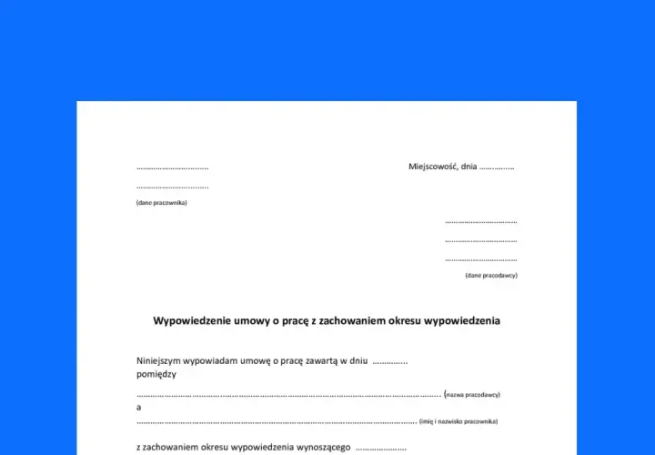Formularz wypowiedzenia umowy o pracę przez pracownika. Dokument zawiera pola na dane pracownika i pracodawcy oraz treść wypowiedzenia.