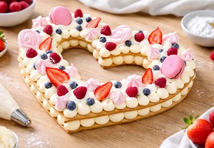 Un magnifique number cake licorne en forme de cœur, garni de fruits rouges, de macarons roses et de crème onctueuse.