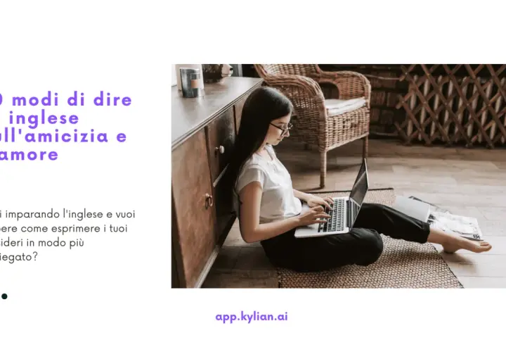 Ragazza studia frasi d'amicizia in inglese al computer. Impara a esprimere sentimenti con parole nuove.