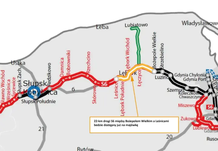 Mapa drogi S6: 22 km między Bożepolem Wielkim a Leśnicami będzie dostępne na majówkę.