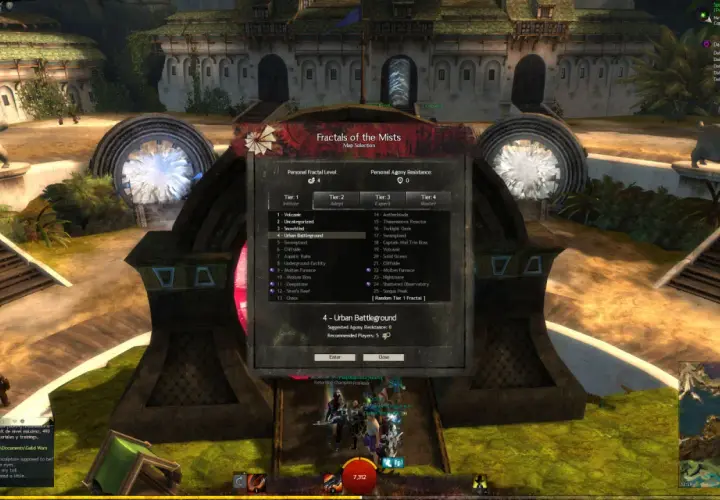 Wybór fraktala "Urban Battleground" w Guild Wars 2. Spolszczenie gry ułatwia nawigację po menu.