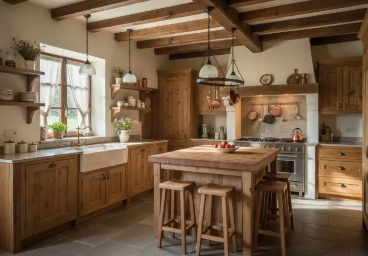 Cucina rustica con isola centrale in legno, travi a vista e mobili in abete. Perfetta per chi cerca idee cucina rustica.