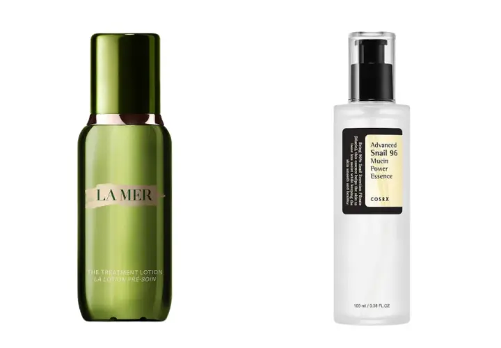 Due flaconi di prodotti skincare: uno verde La Mer e uno bianco COSRX con il suo siero va risciacquato.
