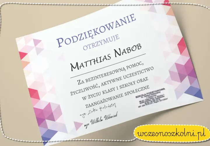 Dyplom z podziękowaniami dla rodziców. Matthias Nabob otrzymuje podziękowanie za pomoc i zaangażowanie.