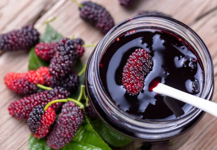 Un vasetto di marmellata di gelso frutto, con alcuni frutti freschi sparsi sul tavolo di legno.
