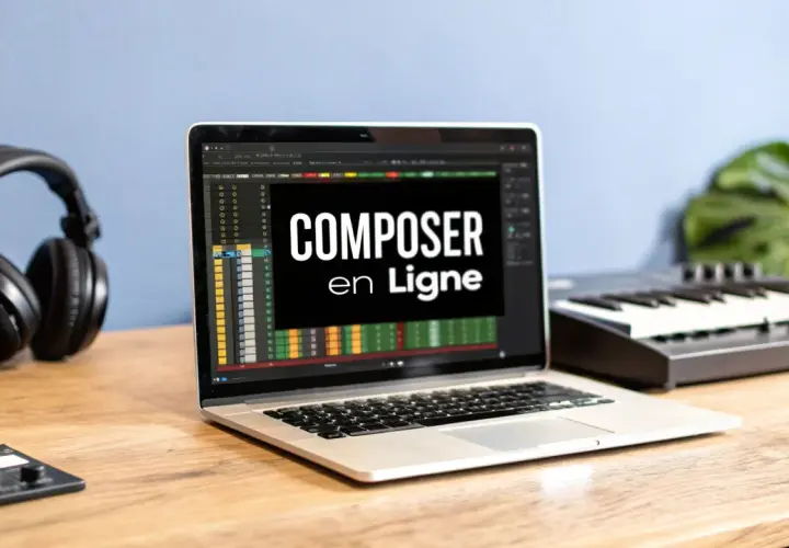 Bureau avec casque, ordinateur affichant "COMPOSER en Ligne", clavier MIDI et contrôleur. Une composition en ligne pour créer de la musique.