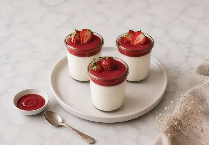 Trois panna cotta fraise, ornées de fruits rouges frais et d'un coulis onctueux, sur une assiette grise.