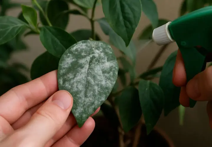 Eine Hand hält ein Blatt mit weißem Belag, der auf Mehltau als Ursache hindeutet. Eine Sprühflasche sprüht auf die Pflanze.