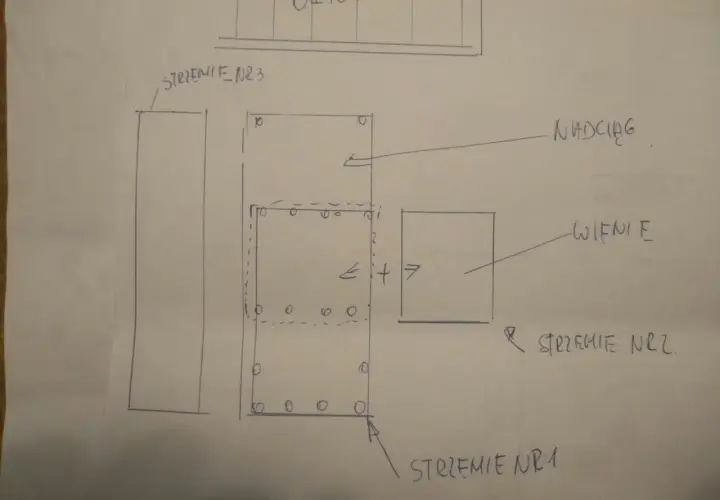 Szkic zbrojenia narożnego okna z oznaczeniami elementów: nadciąg, wieńce, strzemiona.