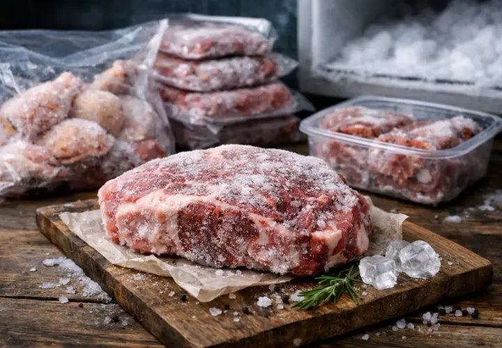 Gros morceau de viande brulée par le froid, recouvert de givre. D'autres portions congelées sont visibles en arrière-plan.
