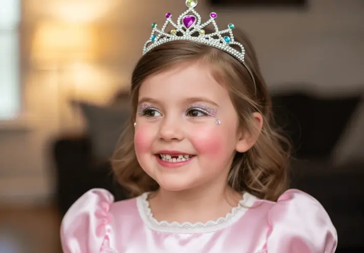 A young girl in a pink princess dress and tiara smiles, with glitter makeup on her eyes and cheeks.