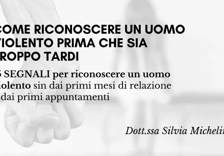 Uomo che alza le mani, simbolo di psicologia e avvertimento. Titolo: "Come riconoscere un uomo violento prima che sia troppo tardi".