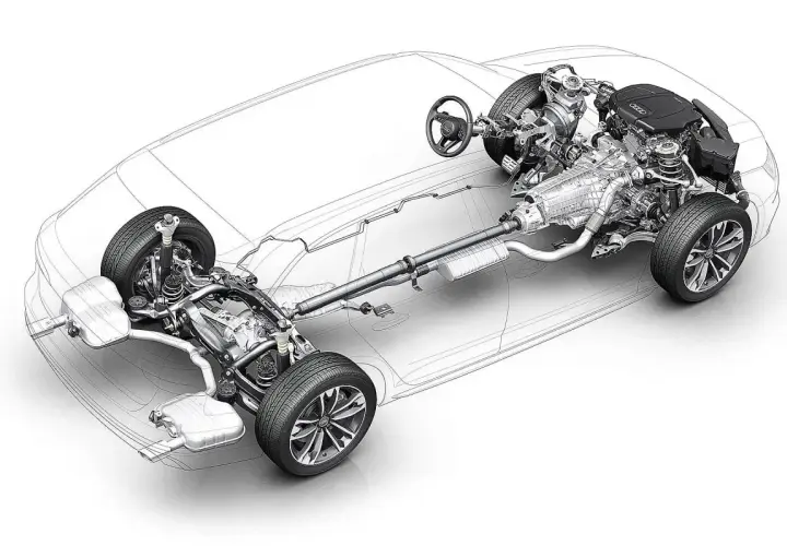 Diagrama de un coche mostrando el motor, transmisión y eje de transmisión, explicando qué es la tracción de un coche.