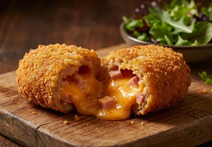 Une croquette jambon fromage dorée et croustillante, coupée en deux, révèle un cœur fondant de fromage et de jambon. Un délice !
