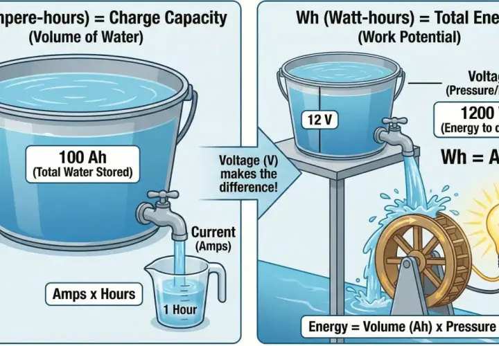 Porównanie pojemności akumulatora: 100 Ah jako objętość wody, 1200 Wh jako energia do pracy, zależna od napięcia.