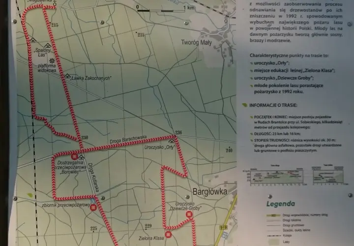 Mapa szlaku rowerowego w Nadleśnictwie Rudy Raciborskie. Trasa prowadzi przez tereny po pożarze lasu, gdzie odradza się młody las.