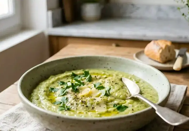Un bol de purée de courgette onctueuse, garnie de persil frais et de copeaux de parmesan. Un pain croustillant et un verre d'eau complètent ce repas léger.