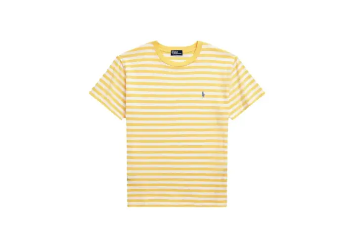 Gestreiftes gelb-weißes Ralph Lauren T-Shirt mit kleinem blauem Logo.