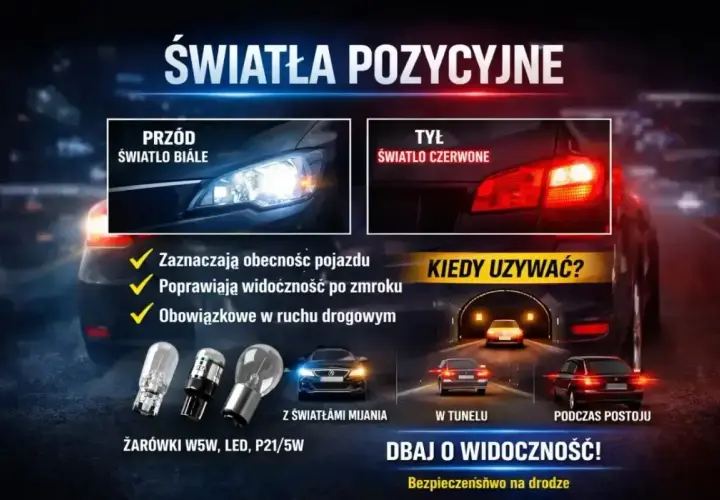 Światła pozycyjne: białe z przodu, czerwone z tyłu. Zwiększają widoczność i bezpieczeństwo, obowiązkowe w ruchu drogowym.