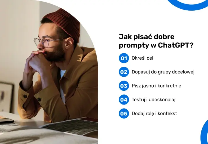 Mężczyzna w okularach i czapce zamyślony nad ekranem komputera. Obok lista wskazówek, jak pisać dobre prompty w ChatGPT.