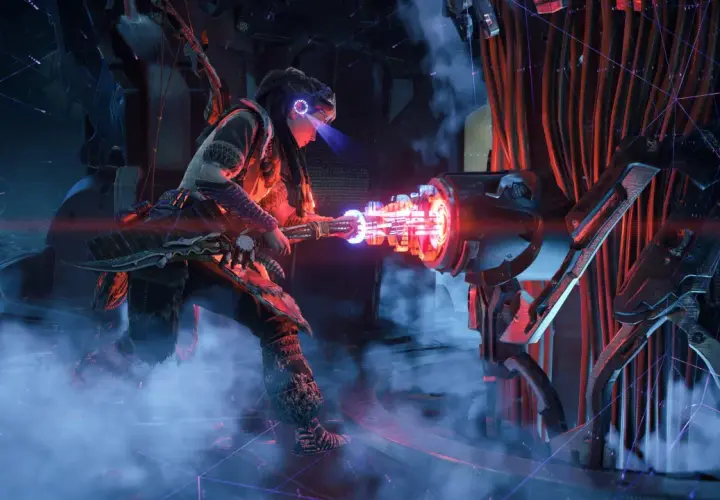 Aloy z Horizon Forbidden West premiera walczy z mechanicznym potworem w futurystycznym otoczeniu.