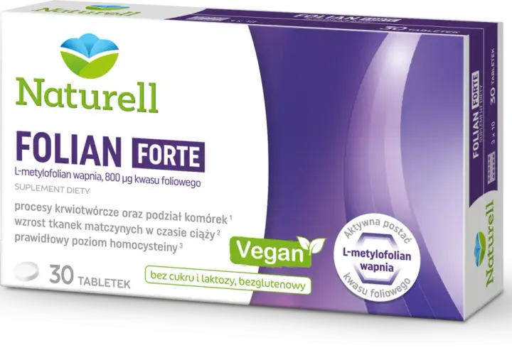 Opakowanie suplementu diety Naturell Folian Forte z informacją o 30 tabletkach i wegańskiej formule.