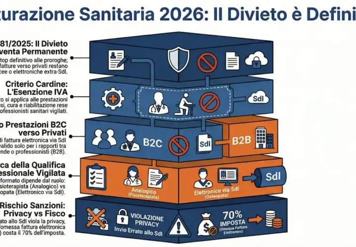 Schema sulla fatturazione sanitaria 2026: divieto definitivo. Dettagli su esenzioni IVA, fatture B2C/B2B e rischi per il professionista sanitario.