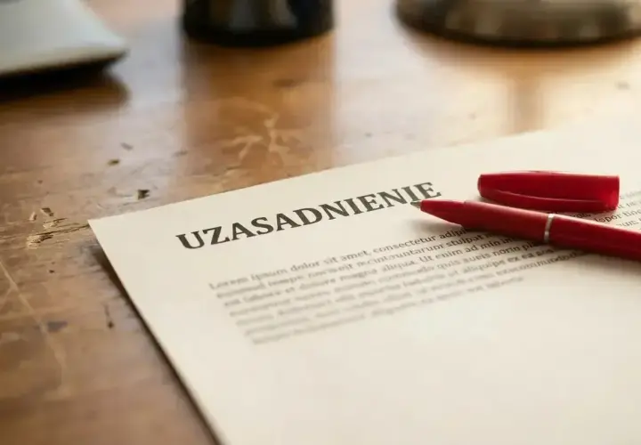 Czerwony długopis obok dokumentu z nagłówkiem "UZASADNIENIE" sugeruje przygotowanie do formalnego rozwiązania umowy o pracę.