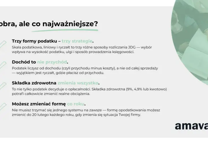 Wybór formy opodatkowania JDG wpływa na podatek. Dochód to nie przychód, a składka zdrowotna zmienia wszystko. Formę można zmieniać co roku.