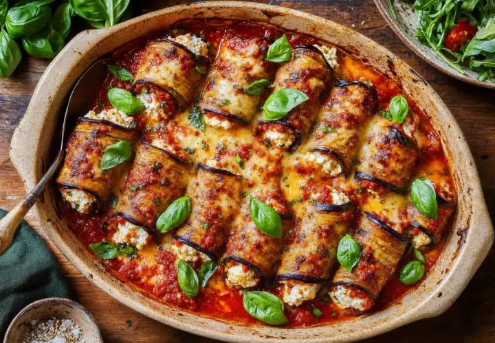 Délicieux gratin d'aubergine roulée, garnie de ricotta et baignant dans une sauce tomate savoureuse, parsemé de feuilles de basilic frais.