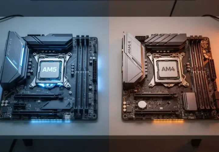 Zwei Mainboards, eines mit AM5-CPU (blau beleuchtet) und eines mit AM4-CPU (orange beleuchtet), zeigen den Übergang zur neuen Plattform.